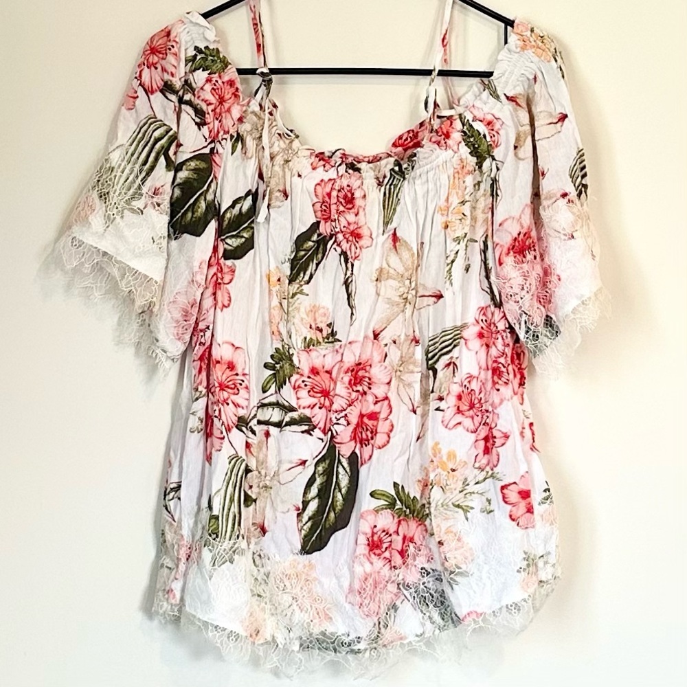 Soho Jeans New York & Company Floral Lace Off the Shoulder Blouse - Size: Large